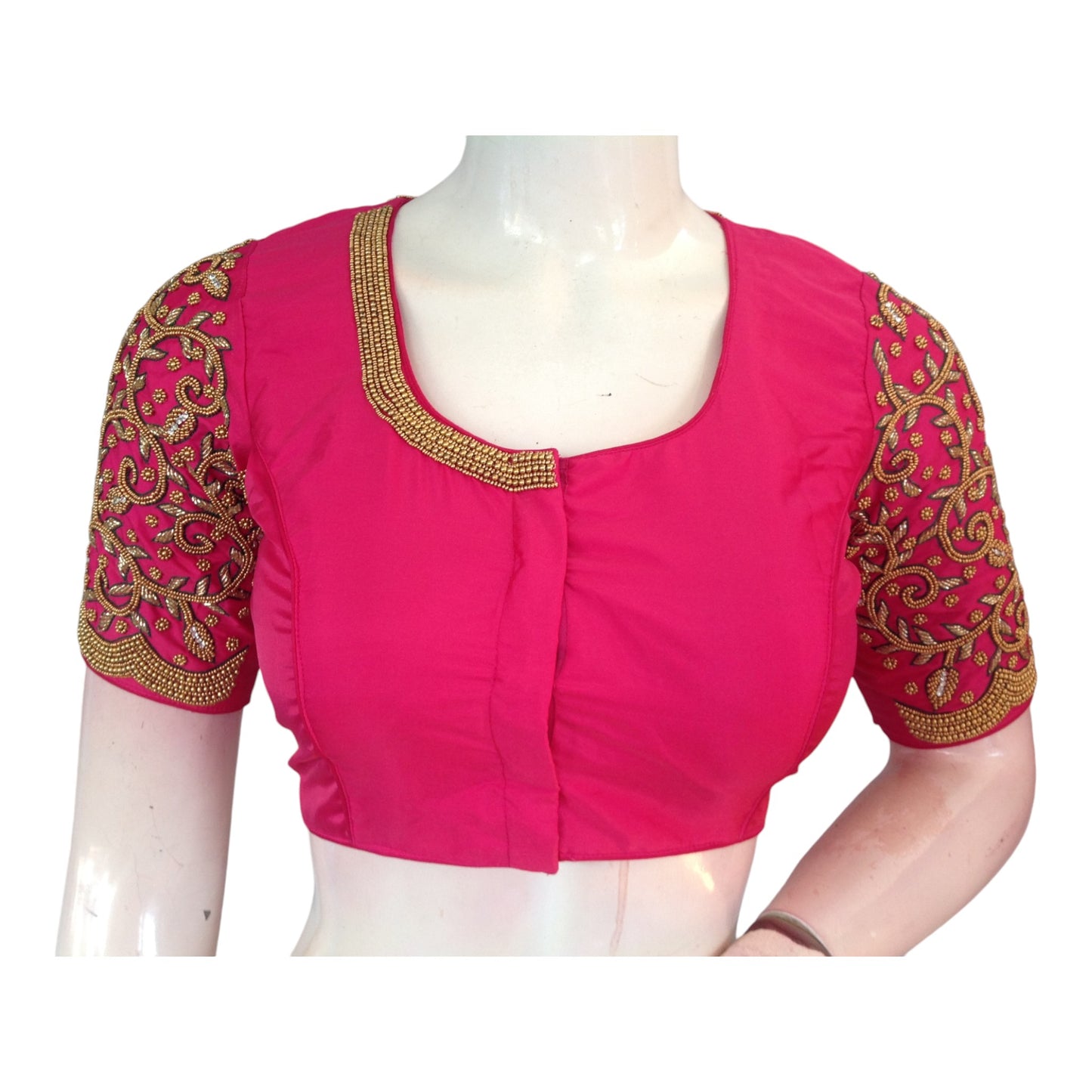 Pink Bridal Elegance: High-Neck Aari Saree Blouse