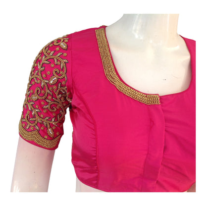 Pink Bridal Elegance: High-Neck Aari Saree Blouse