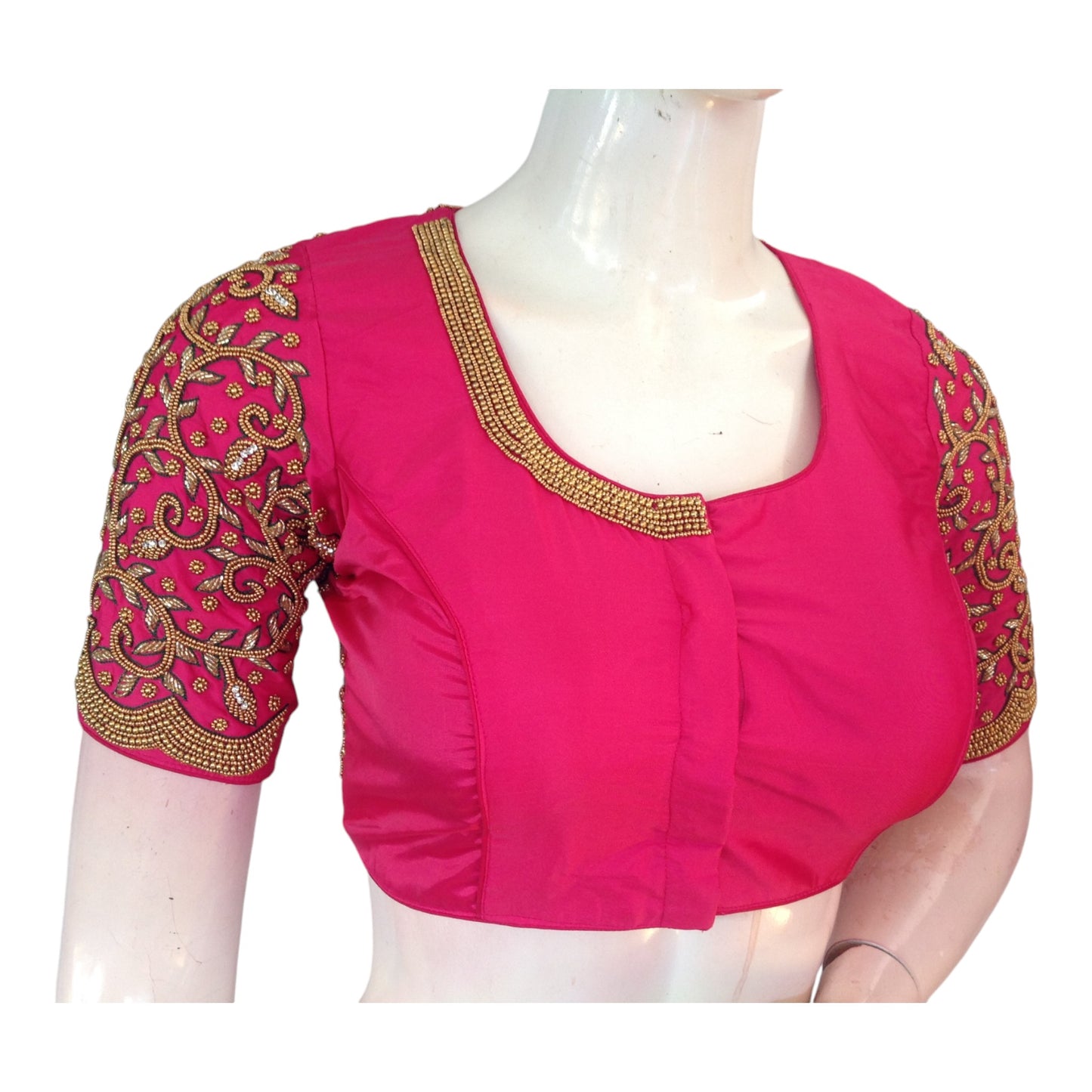 Pink Bridal Elegance: High-Neck Aari Saree Blouse