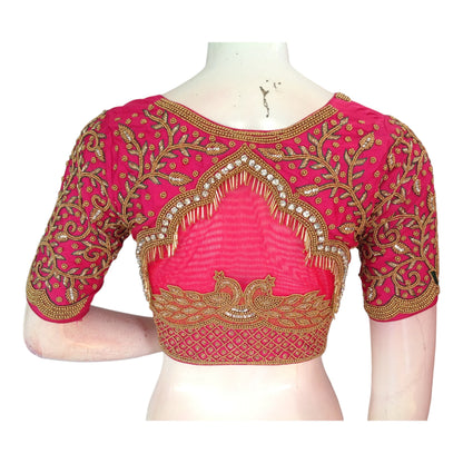 Pink Bridal Elegance: High-Neck Aari Saree Blouse