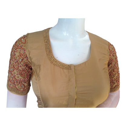 Golden Glamour: High-Neck Aari Handwork Readymade Saree Blouse