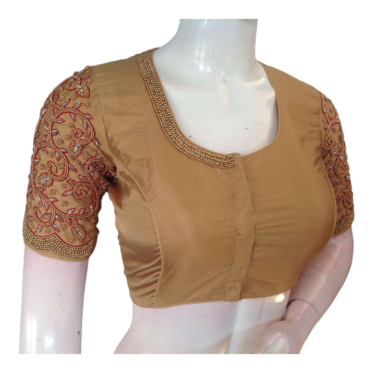 Golden Glamour: High-Neck Aari Handwork Readymade Saree Blouse