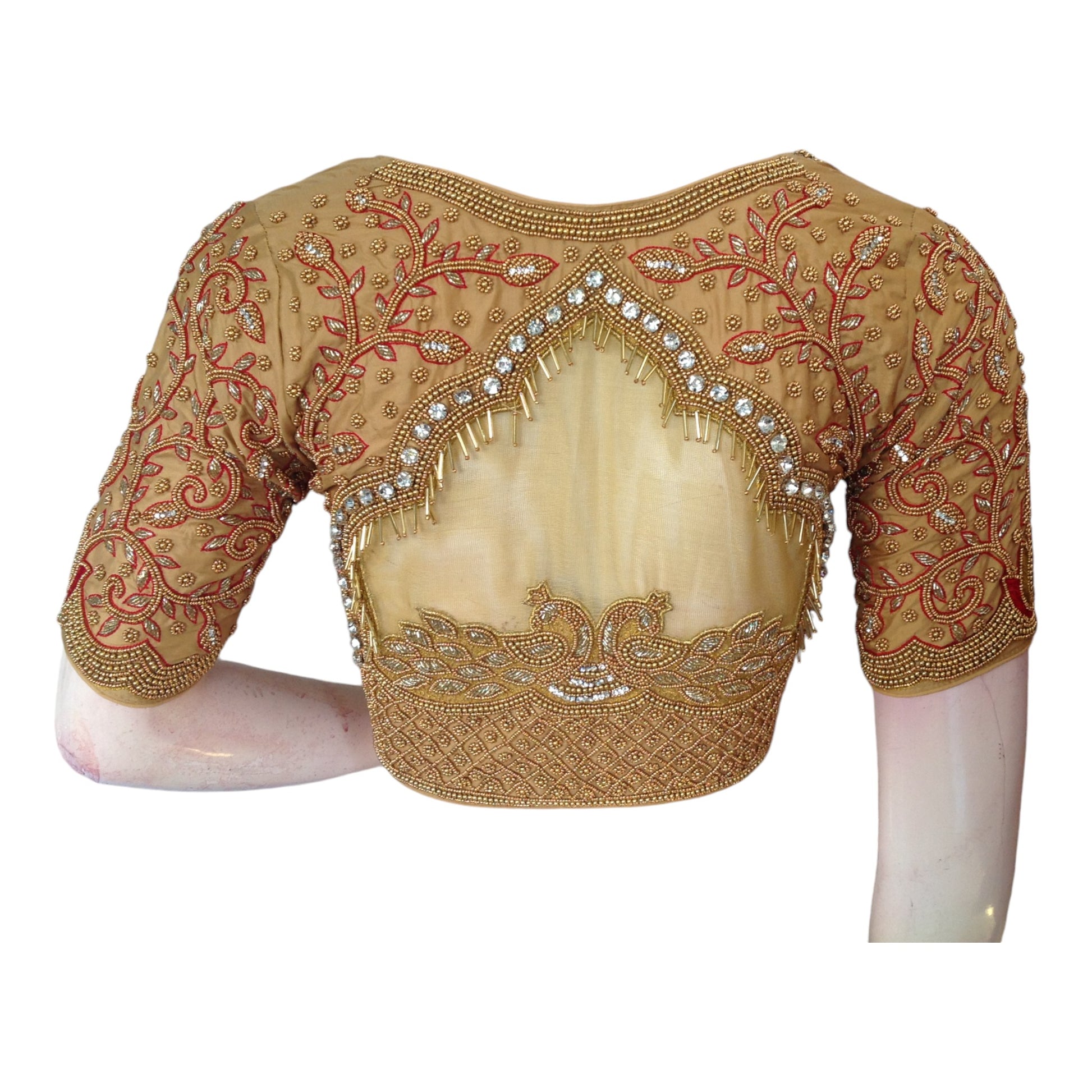 Golden Glamour: High-Neck Aari Handwork Readymade Saree Blouse