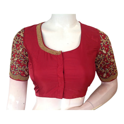 Maroon Majesty: High-Neck Aari Handwork Wedding Saree Blouse