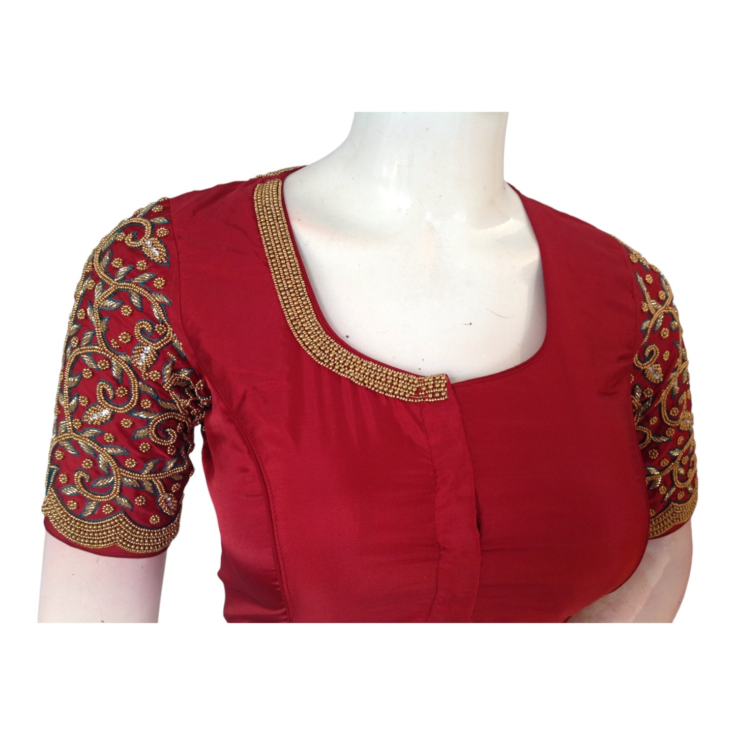 Maroon Majesty: High-Neck Aari Handwork Wedding Saree Blouse