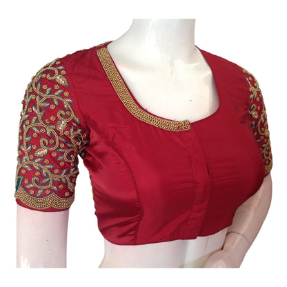 Maroon Majesty: High-Neck Aari Handwork Wedding Saree Blouse