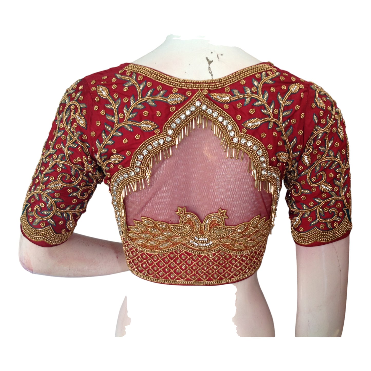 Maroon Majesty: High-Neck Aari Handwork Wedding Saree Blouse