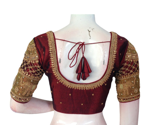 Dark Maroon Tissue Elegance: Aari Handwork Bridal Saree Blouse