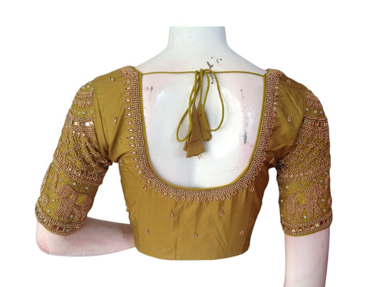 Mustard Magic: Aari Handwork Wedding Saree Readymade Blouse