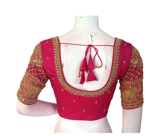 Raspberry Pink Delight: Aari Handwork Bridal Readymade Saree Blouse