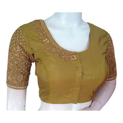 Mustard Green Aari Handwork Wedding Saree Blouse