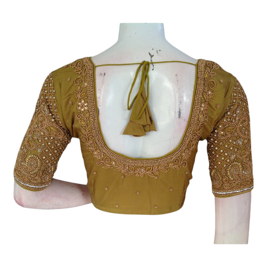 Mustard Green Aari Handwork Wedding Saree Blouse