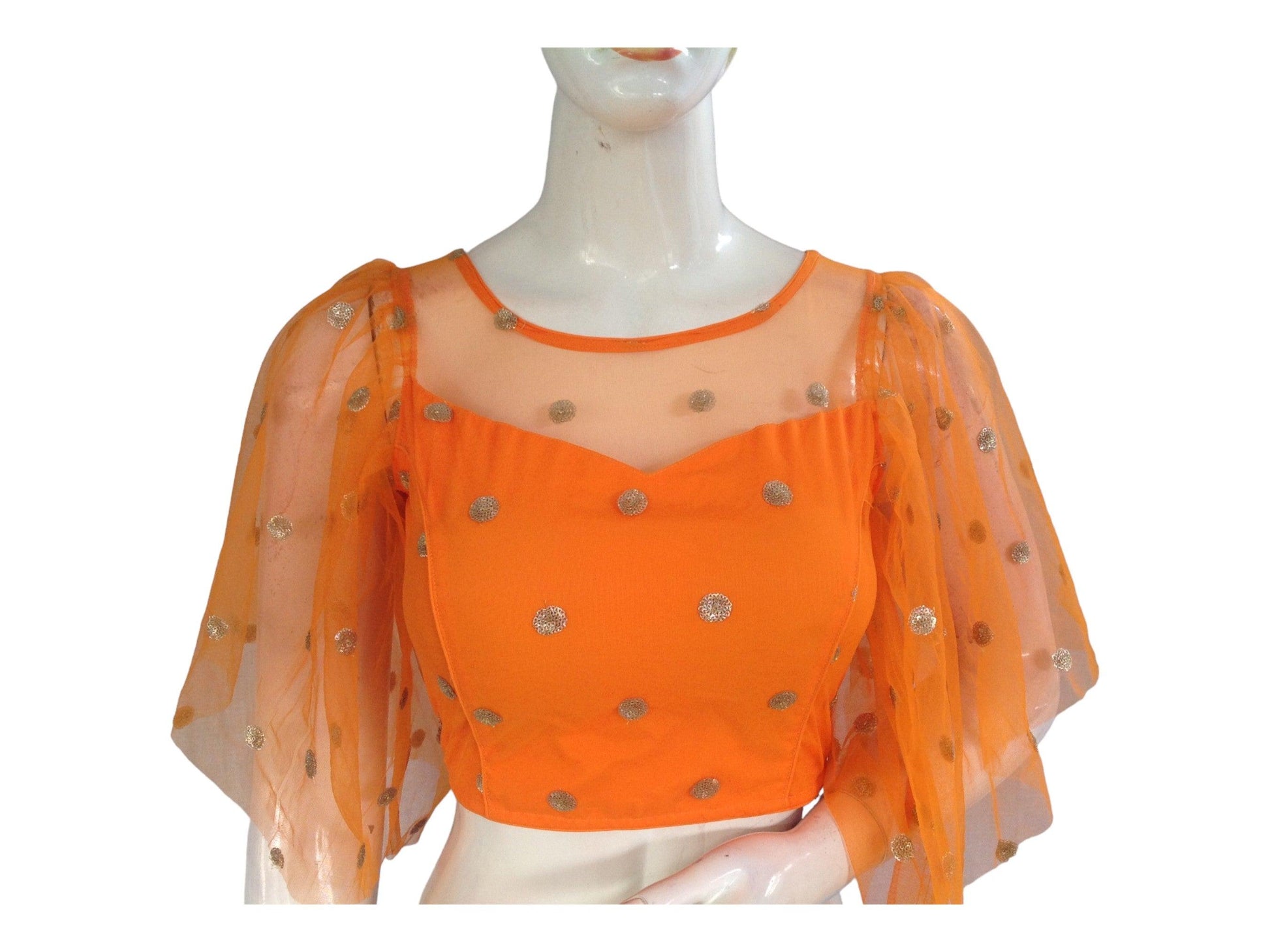 Orange Color Designer Netted Party Wear Readymade Saree Blouses. - D3blouses