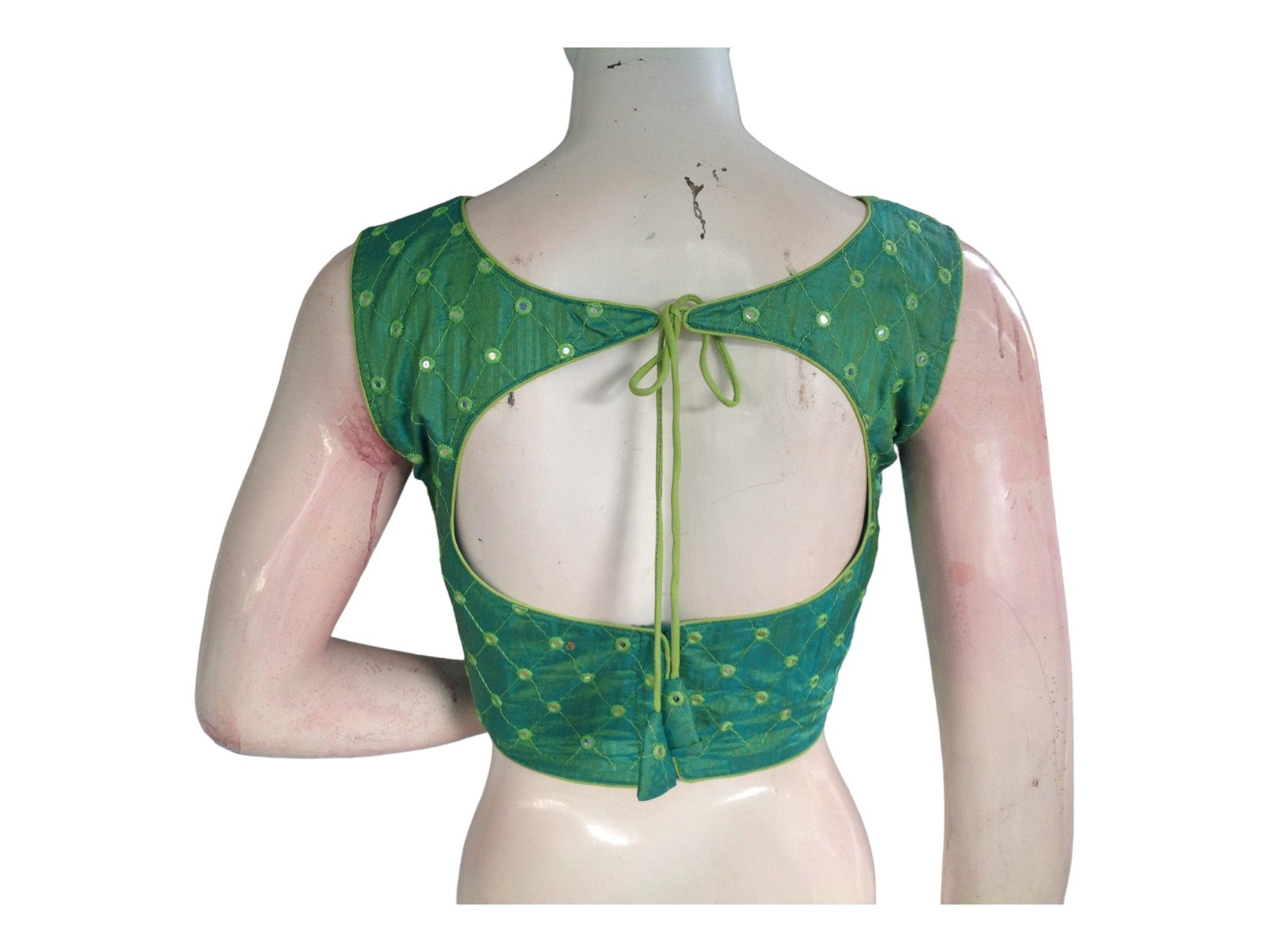 Green Sleeveless Semi Silk Boat Neck Saree Blouse with Foil Mirror, Party-ready Perfection - D3blouses