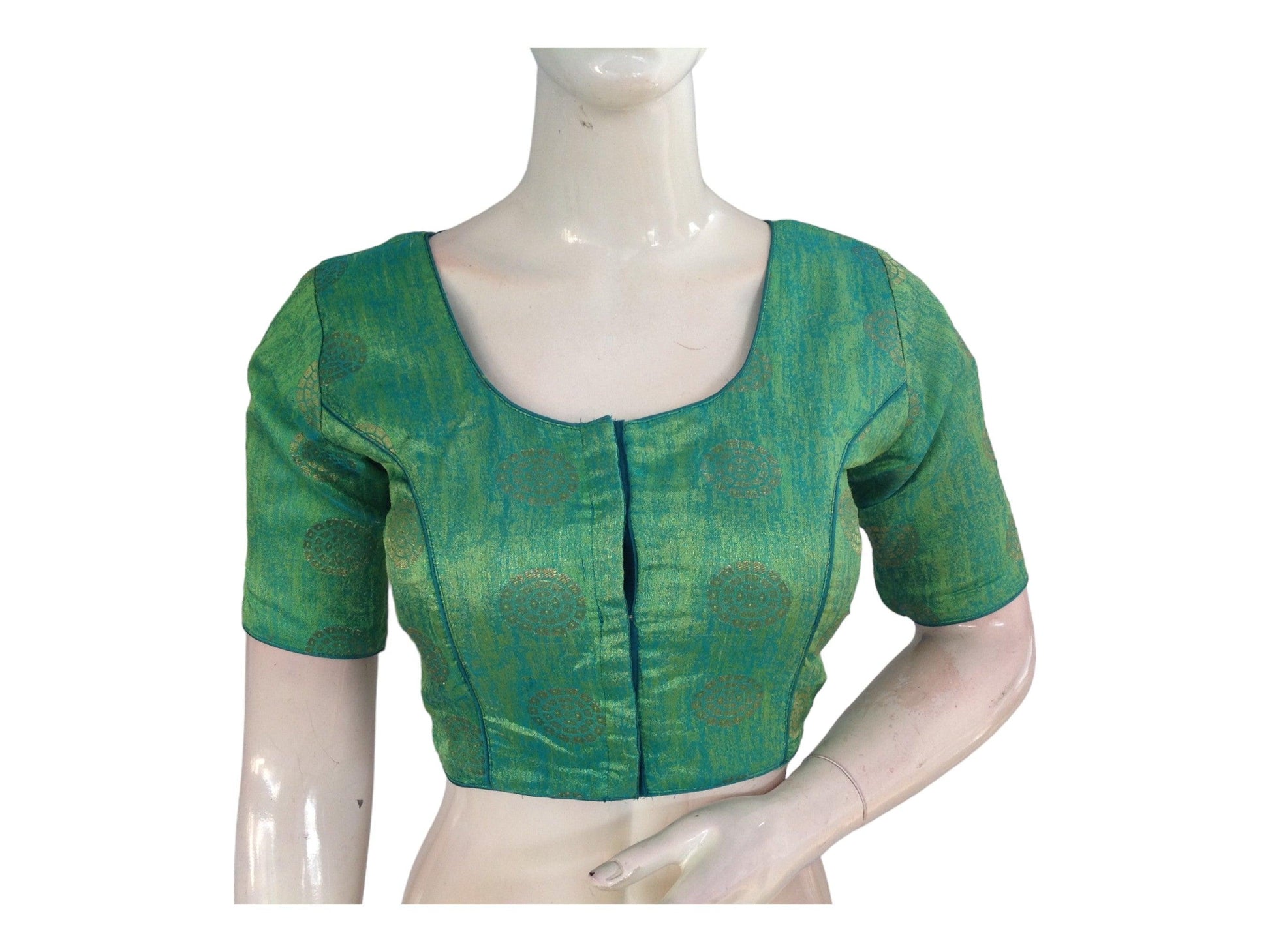 Green Color Brocade Readymade Saree Blouse, Indian Ethnic Silk Saree Blouse - D3blouses