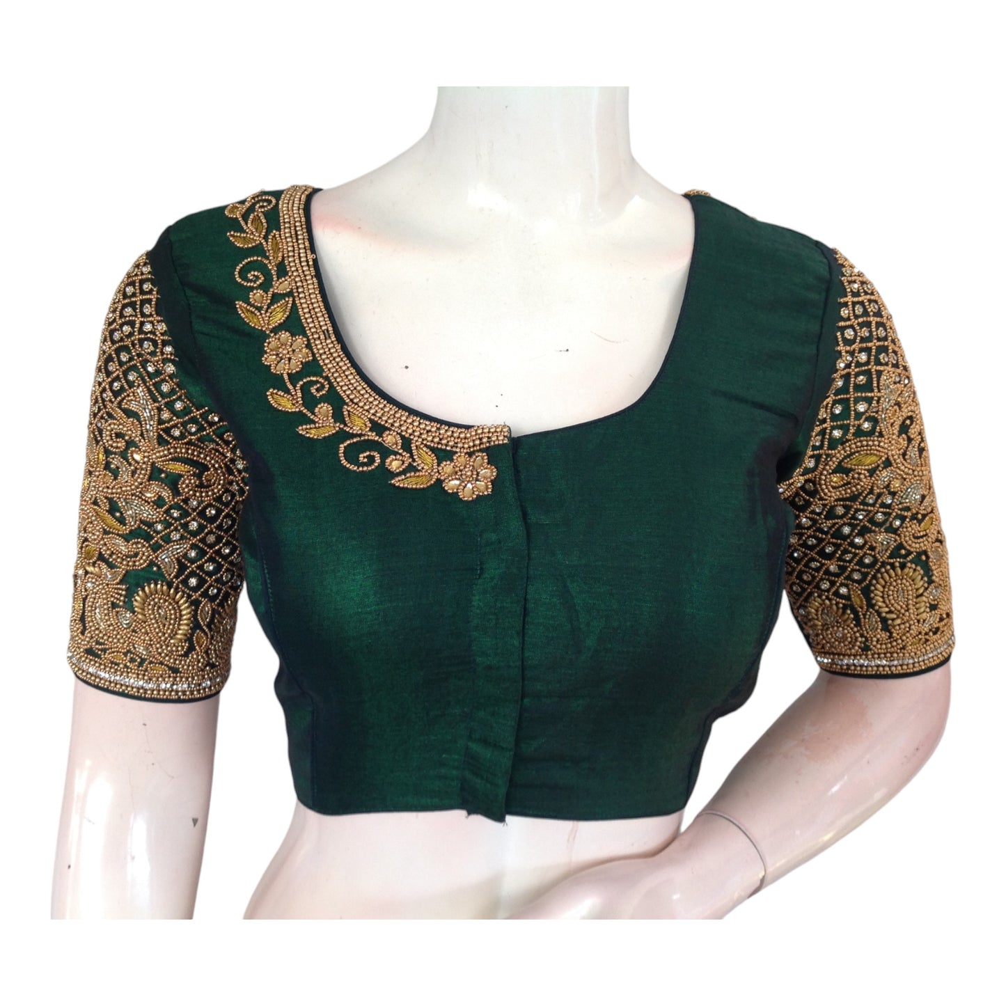 Dark Green Tissue Aari Handwork Wedding Blouse