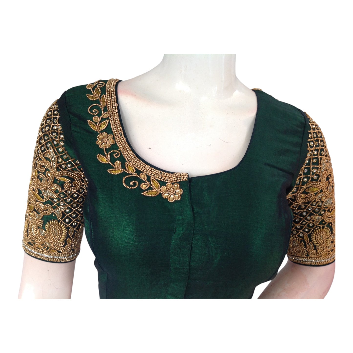 Dark Green Tissue Aari Handwork Wedding Blouse