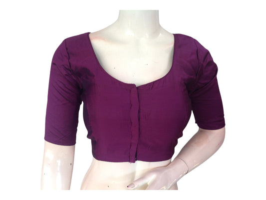 Dark Purple Silk Cotton Plain Readymade Saree Blouse - Indian Fashion