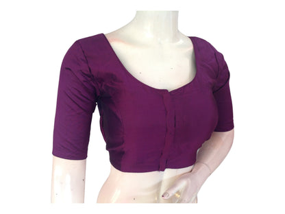 Dark Purple Silk Cotton Plain Readymade Saree Blouse - Indian Fashion