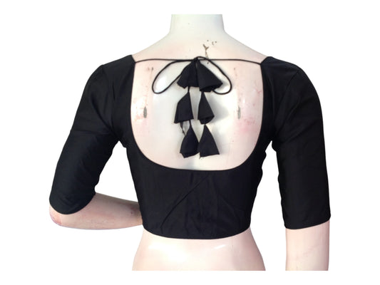 Black Silk Cotton Plain Readymade Saree Blouse - Indian Fashion