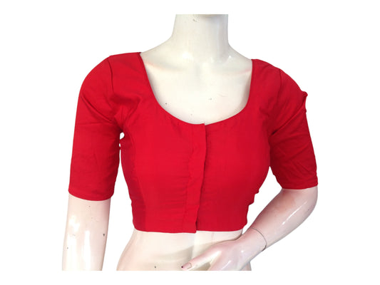 Red Silk Cotton Plain Readymade Saree Blouse - Indian Fashion