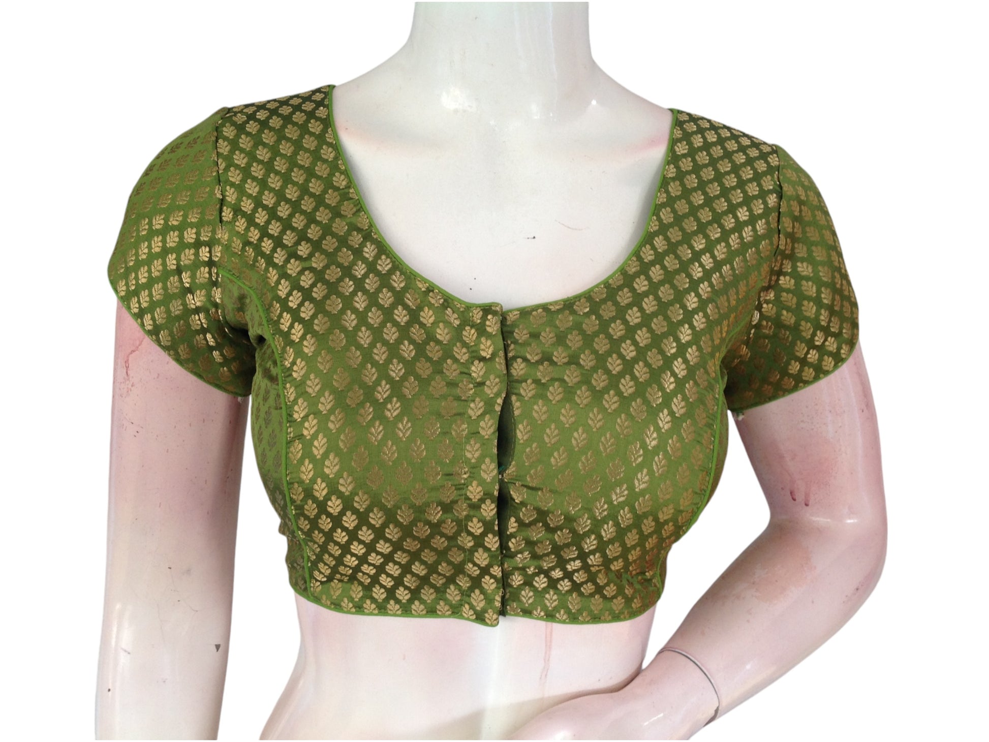 Olive Green Elegance: Brocade Silk Short Sleeve Saree Blouse