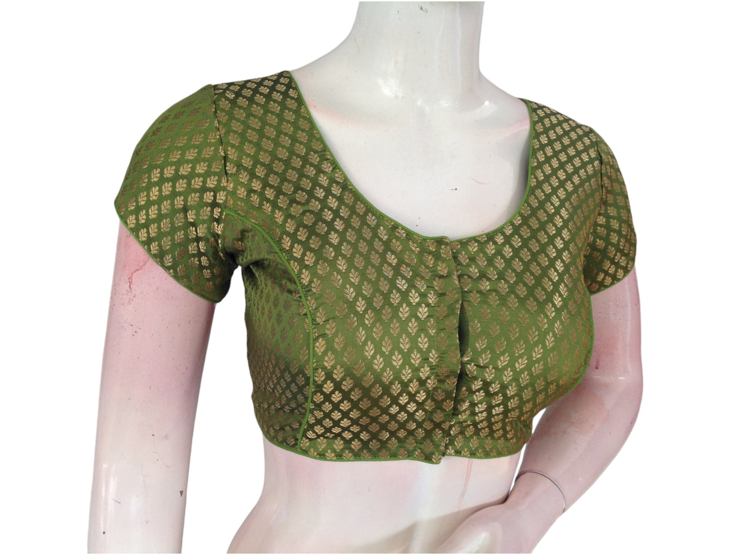 Olive Green Elegance: Brocade Silk Short Sleeve Saree Blouse