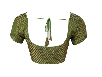 Olive Green Elegance: Brocade Silk Short Sleeve Saree Blouse