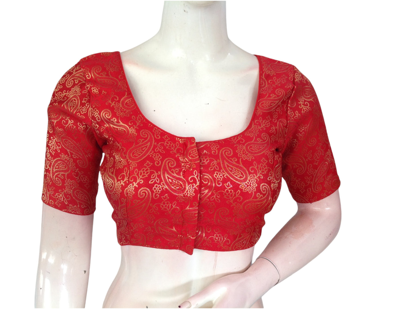 Crimson Elegance: Red Brocade Silk Readymade Saree Blouse