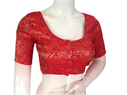 Crimson Elegance: Red Brocade Silk Readymade Saree Blouse