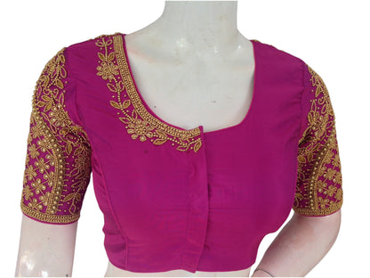 Magenta Magic: Aari Handwork Readymade Saree Blouse