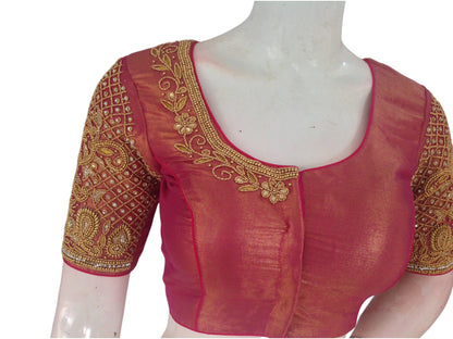 Tissue Rani Pink: Aari Handwork Bridal Saree Blouse