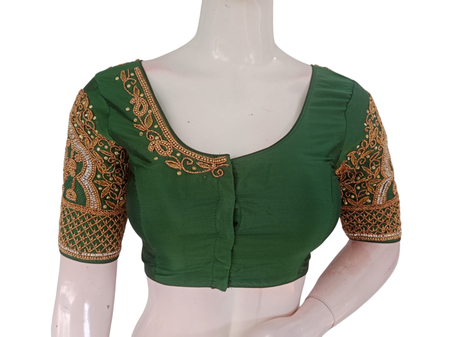 Jade Green Aari Handwork Wedding Silk Saree Readymade Blouse