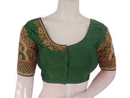 Jade Green Aari Handwork Wedding Silk Saree Readymade Blouse