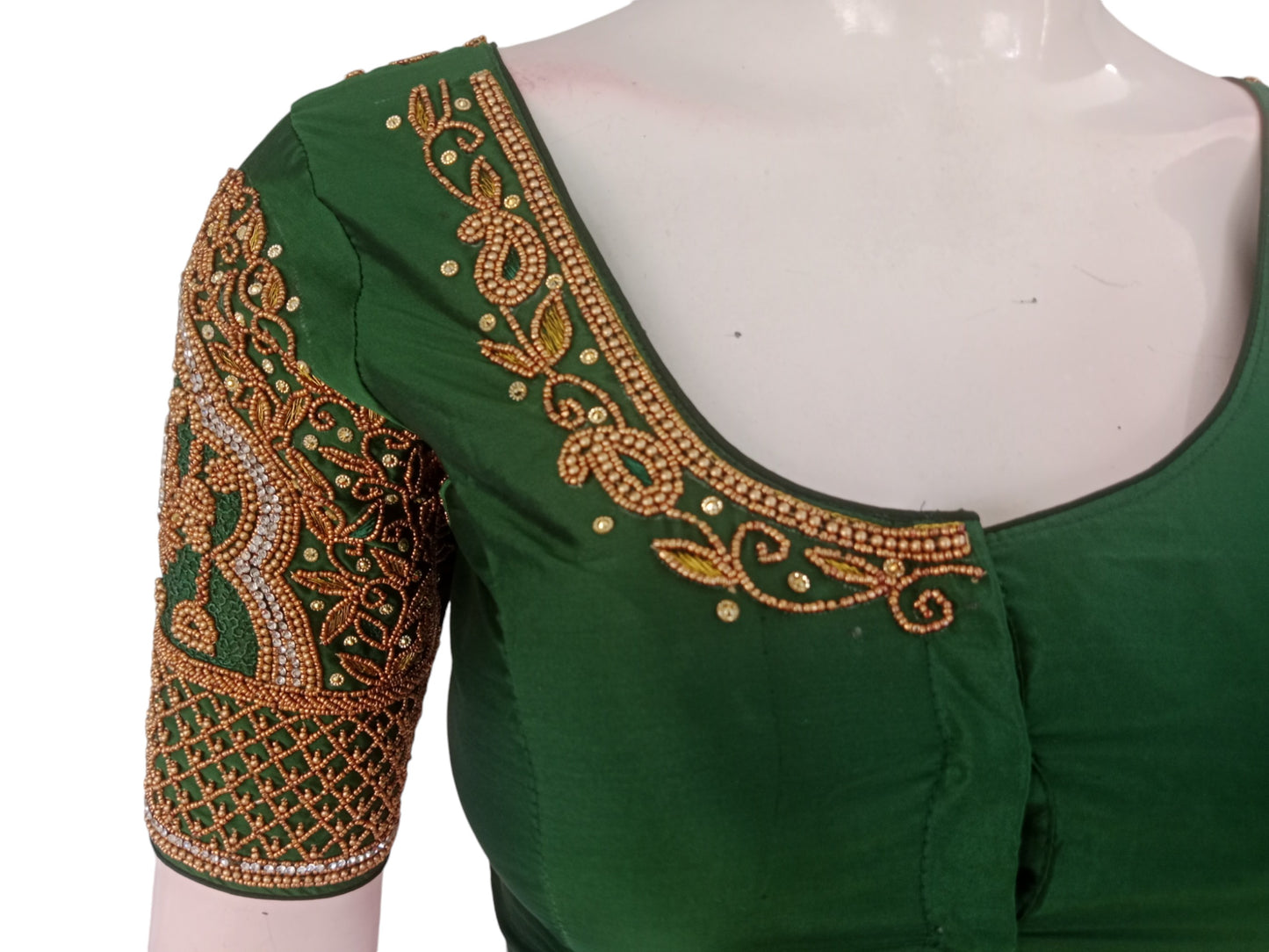 Jade Green Aari Handwork Wedding Silk Saree Readymade Blouse