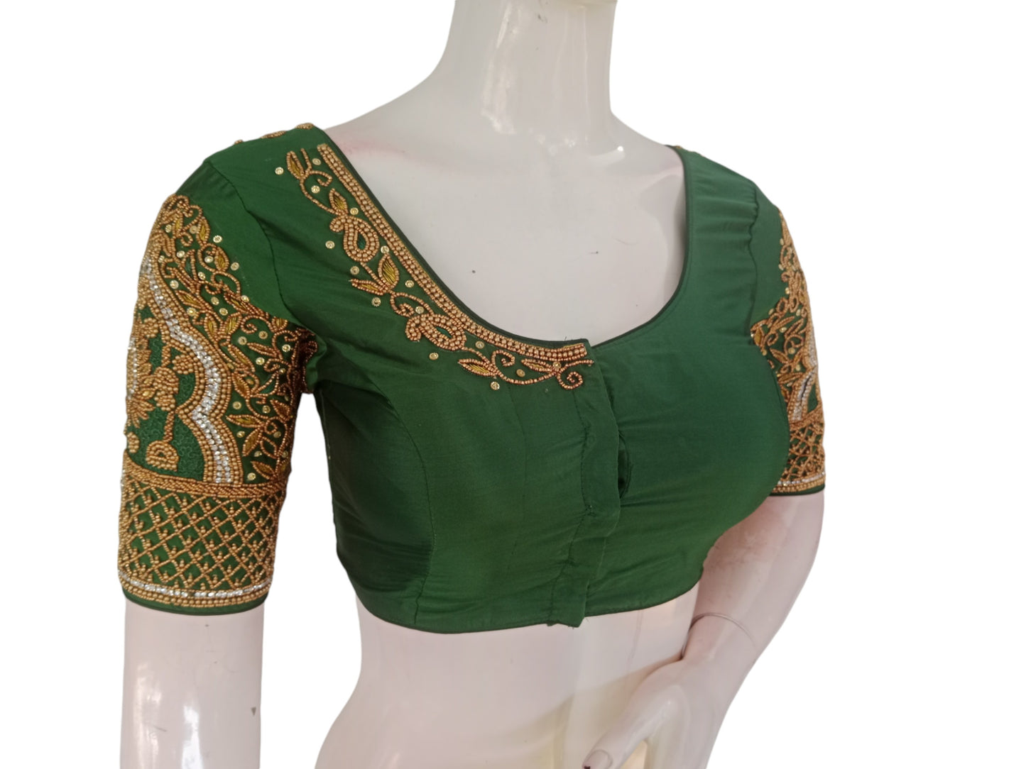 Jade Green Aari Handwork Wedding Silk Saree Readymade Blouse