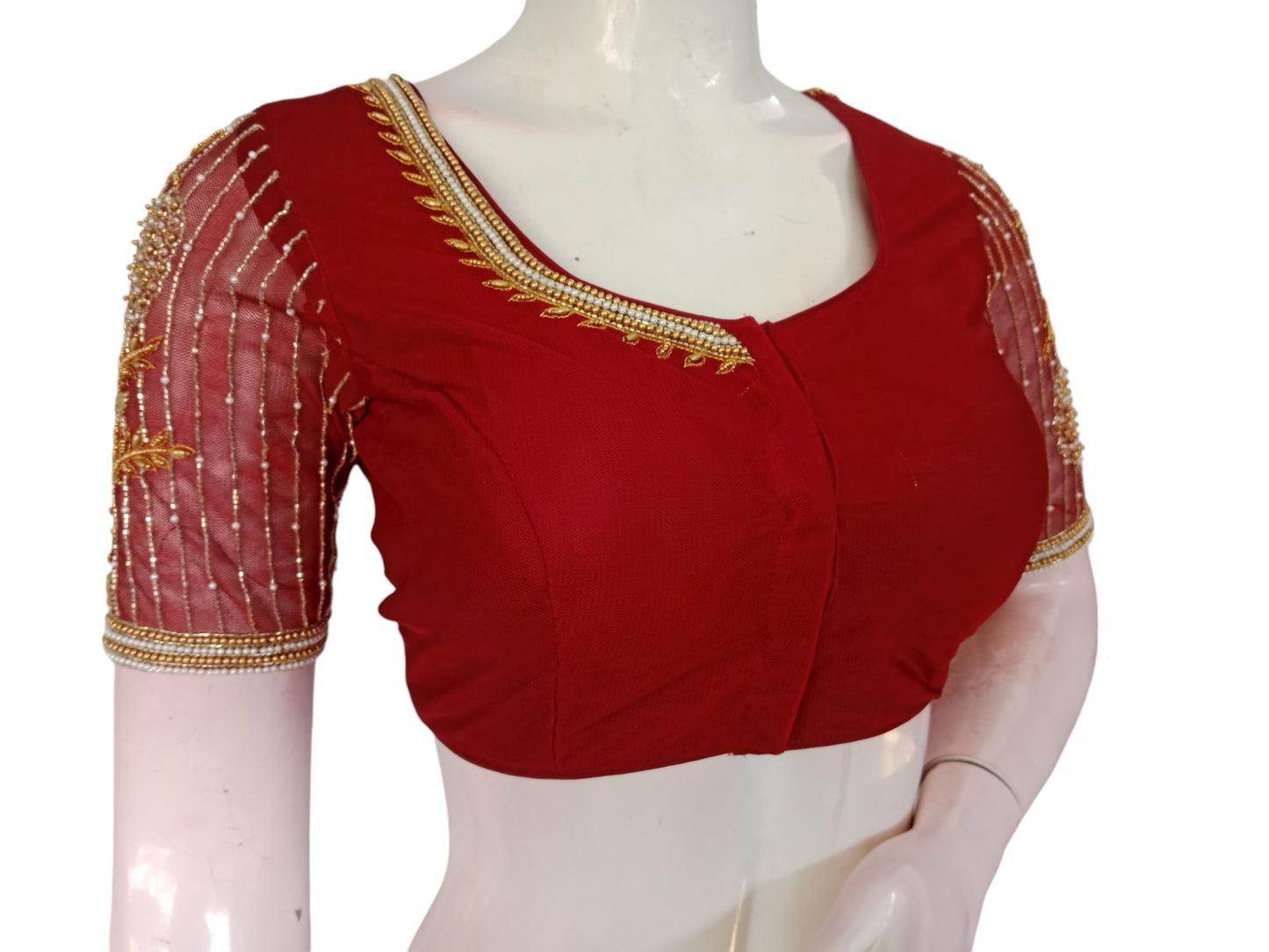 Maroon Majesty: Designer Netted Aari Handwork Indian Readymade Blouse