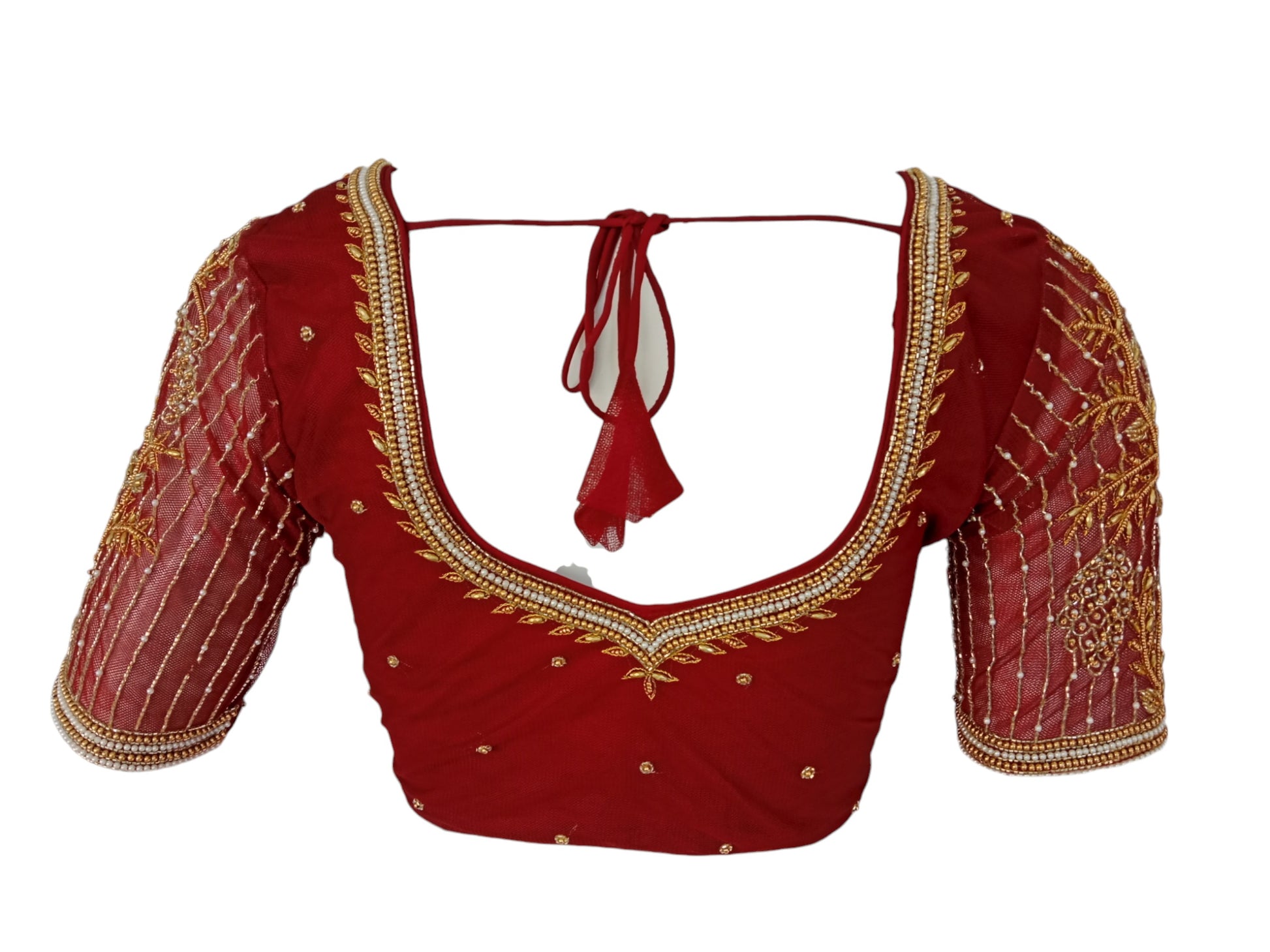 Maroon Majesty: Designer Netted Aari Handwork Indian Readymade Blouse