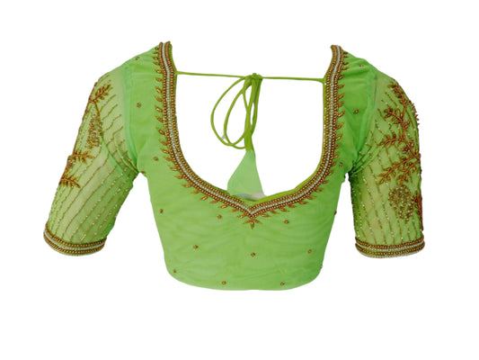 Vibrant Verdant: Parrot Green Netted Aari Handwork Wedding Saree Blouse