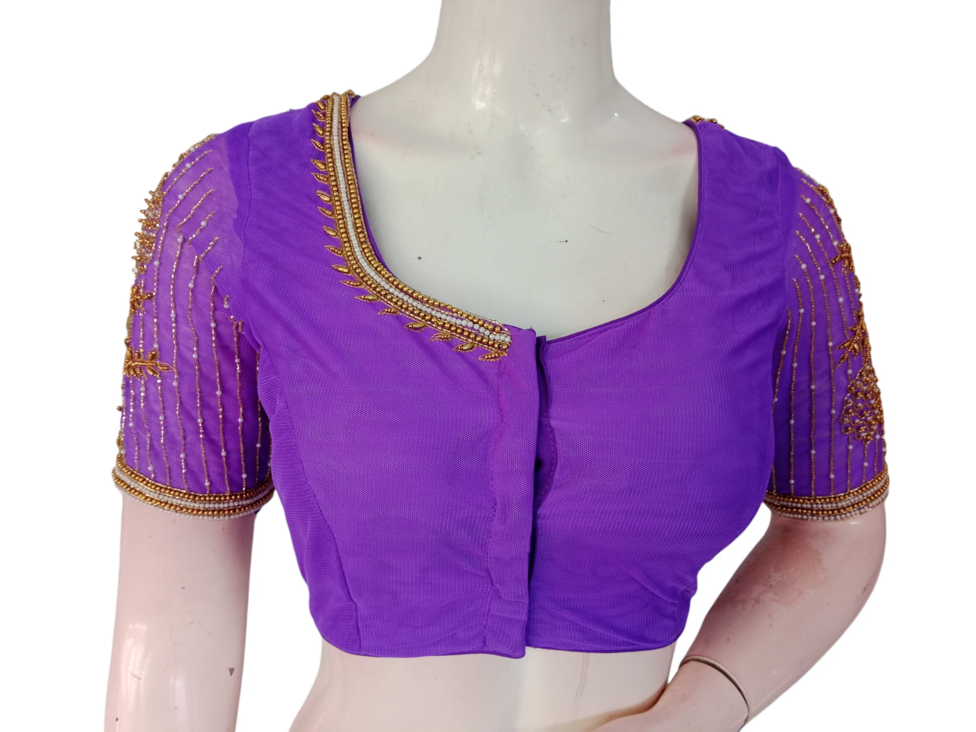 Royal Purple: Designer Netted Aari Handwork Readymade Saree Blouse