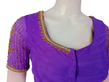 Royal Purple: Designer Netted Aari Handwork Readymade Saree Blouse