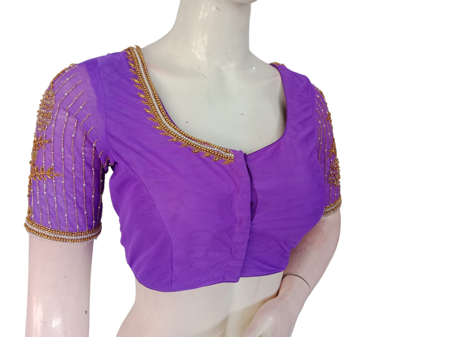 Royal Purple: Designer Netted Aari Handwork Readymade Saree Blouse