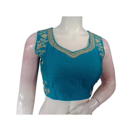 Oceanic Elegance: Dark Teal Partywear Embroidered Readymade Saree Blouses