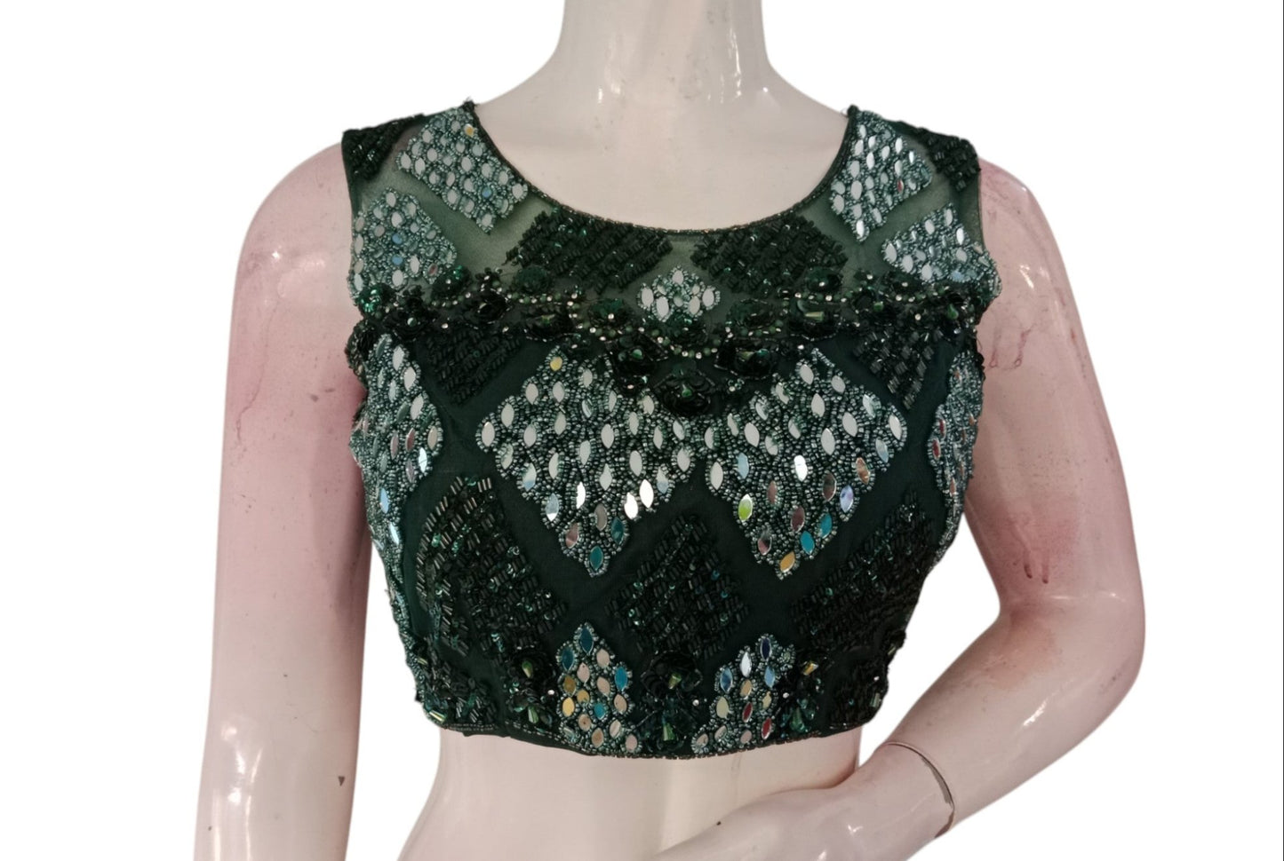 Mirror Magic: A Handcrafted Green color Designer Partywear Readymade Saree Blouse