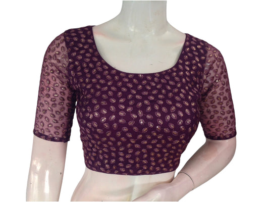 Dark Wine Elegance: Netted Designer Readymade Saree Blouse