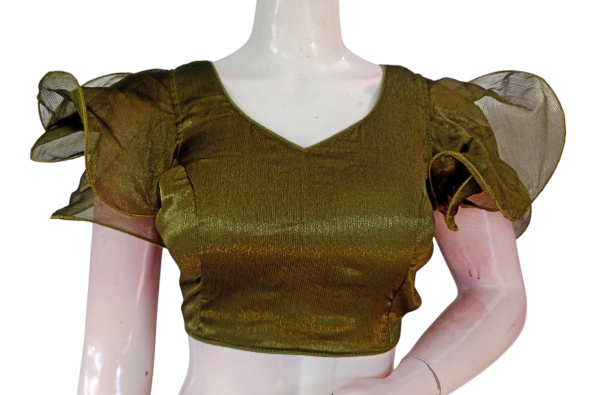 Versatile Olive Green Organza Ruffle Sleeve Saree Blouse | Casual & Formal Wear