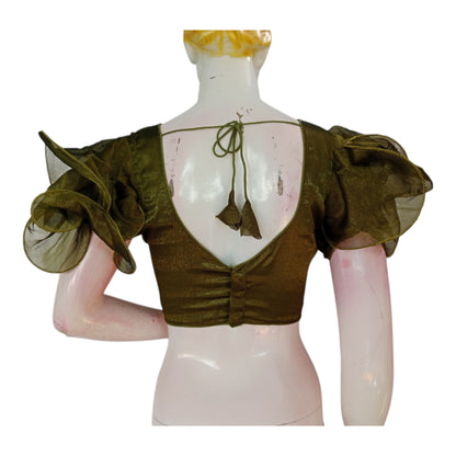 Versatile Olive Green Organza Ruffle Sleeve Saree Blouse | Casual & Formal Wear