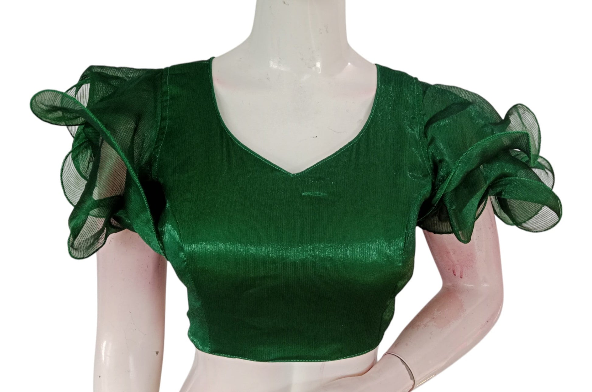 Green Color Organza Ruffle Sleeve Saree Blouse | Unique Designer Choli 