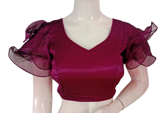 Luxury Plum Purple Color Designer Organza Ruffle Sleeve Saree Blouse 