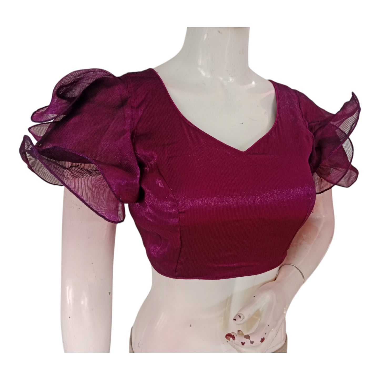 Luxury Plum Purple Color Designer Organza Ruffle Sleeve Saree Blouse